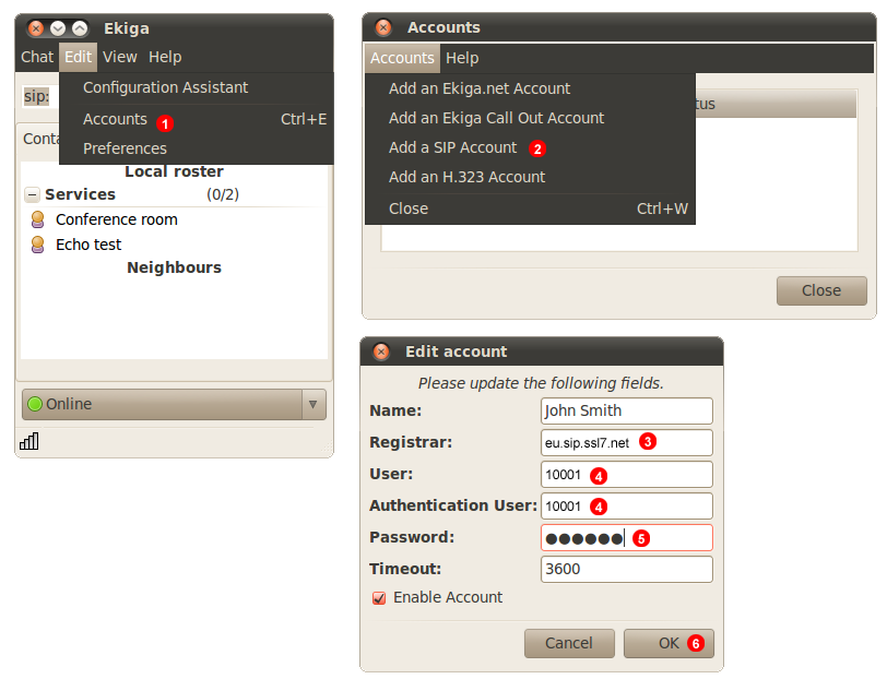 Ekiga account set up