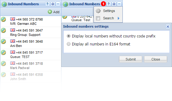 Inbound numbers panel