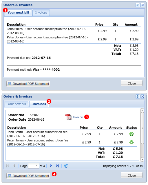Orders and invoices window