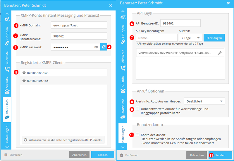 XMPP Info und Erweiterte Einstellungen Panel