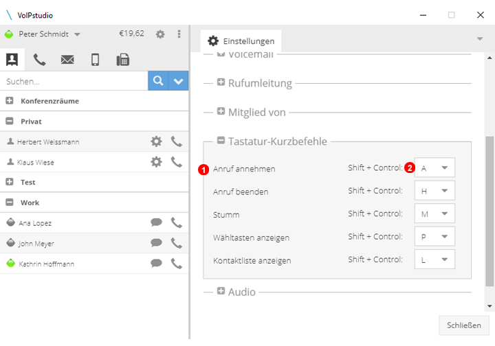 Softphone Einstellung Keyboard Shortcuts